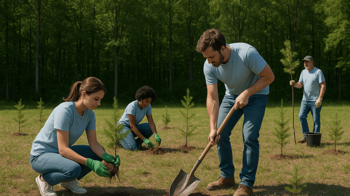 Eine Gruppe Menschen pflanzt Bäume.