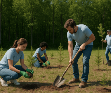 Eine Gruppe Menschen pflanzt Bäume.