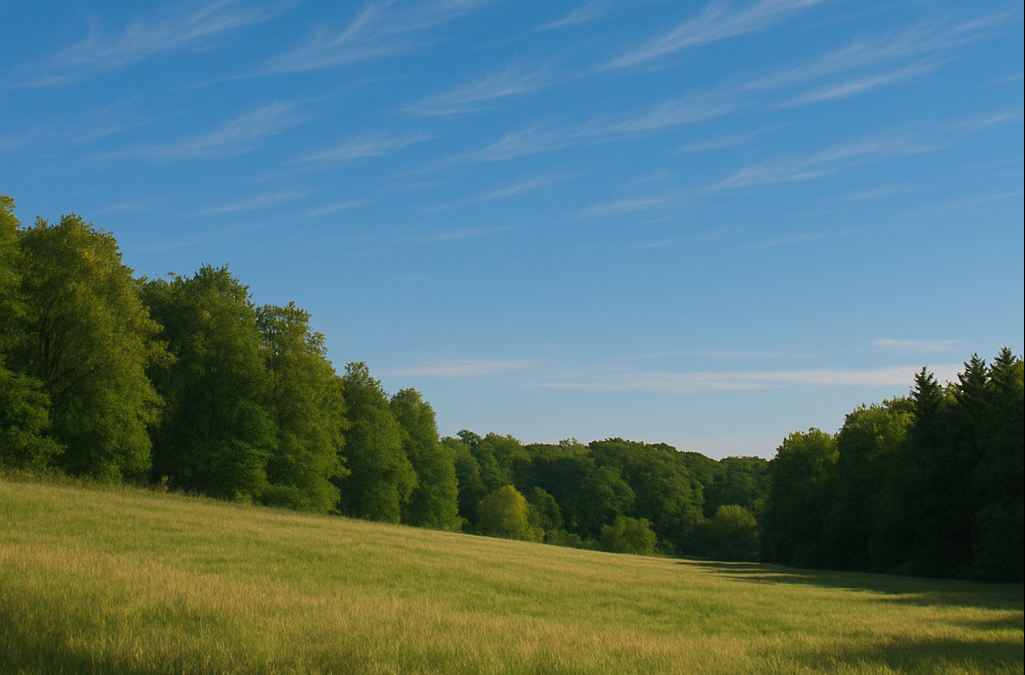 Eine Wiese, ein Wald und Zirruswolken.