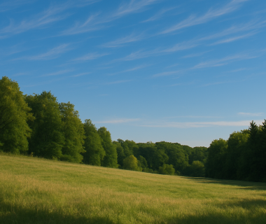 Eine Wiese, ein Wald und Zirruswolken.